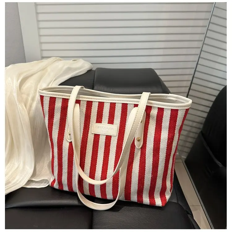 Women Striped Canvas Shoulder Bag 2025 Spring Large Capacity - Image 4