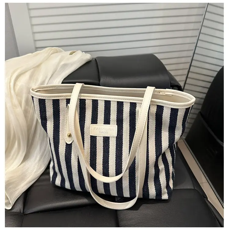 Women Striped Canvas Shoulder Bag 2025 Spring Large Capacity - Image 5