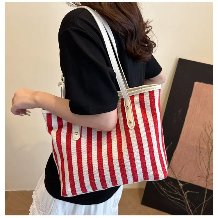 Women Striped Canvas Shoulder Bag 2025 Spring Large Capacity - Image 6