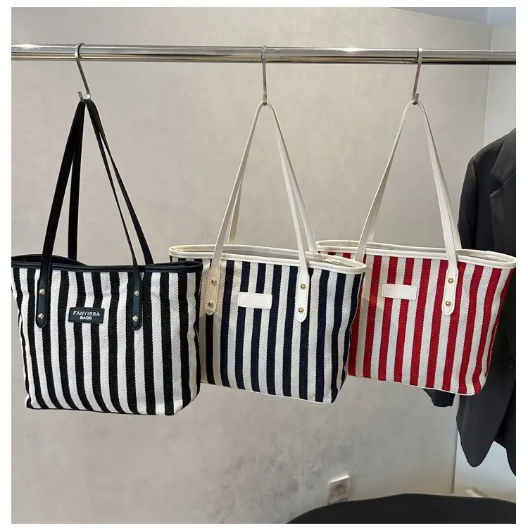 Women Striped Canvas Shoulder Bag 2025 Spring Large Capacity - Image 7
