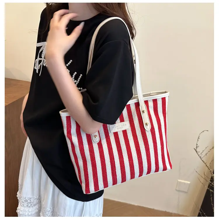 Women Striped Canvas Shoulder Bag 2025 Spring Large Capacity — feature 1