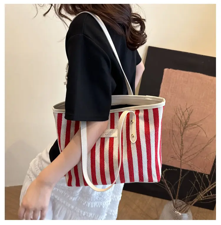 Women Striped Canvas Shoulder Bag 2025 Spring Large Capacity — feature 10