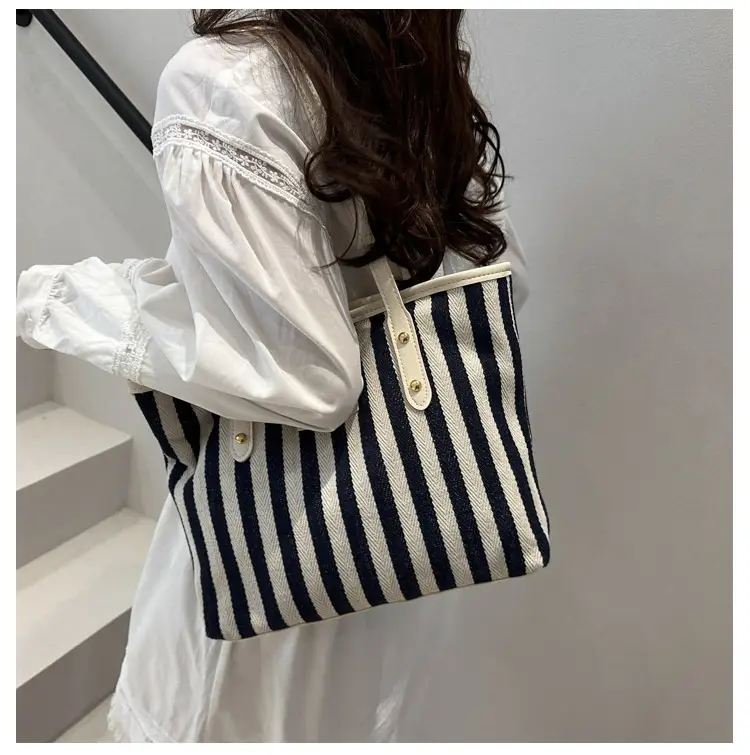 Women Striped Canvas Shoulder Bag 2025 Spring Large Capacity — feature 11