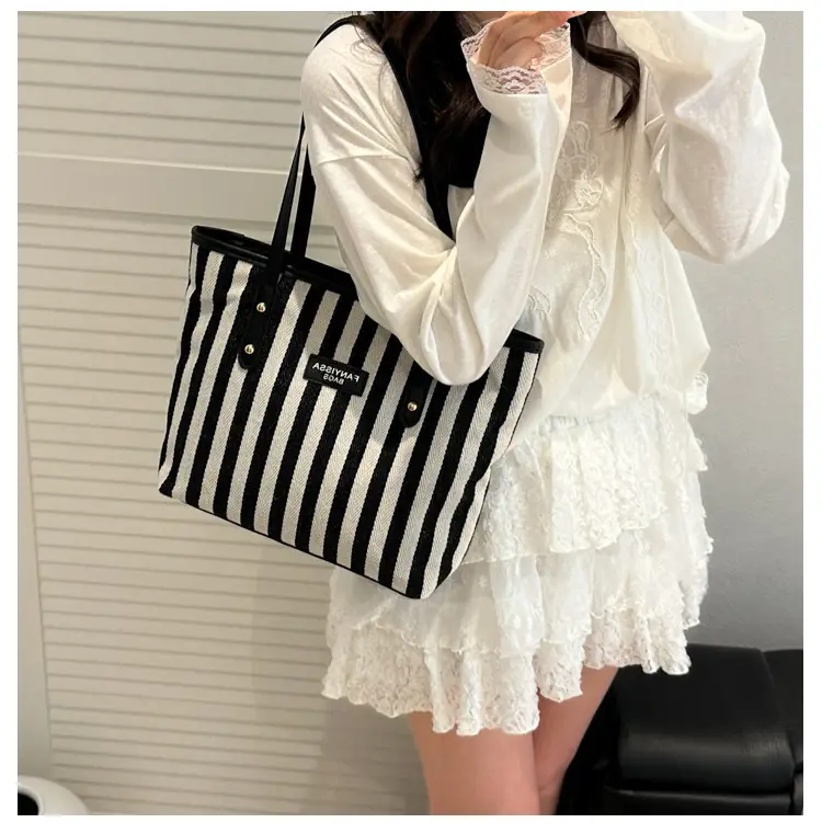 Women Striped Canvas Shoulder Bag 2025 Spring Large Capacity — feature 13
