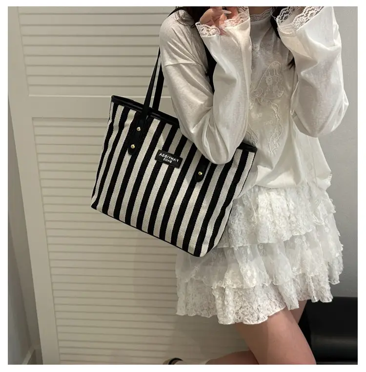 Women Striped Canvas Shoulder Bag 2025 Spring Large Capacity — feature 14
