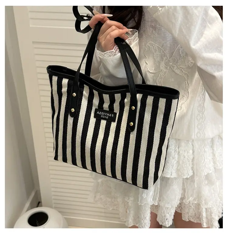 Women Striped Canvas Shoulder Bag 2025 Spring Large Capacity — feature 16