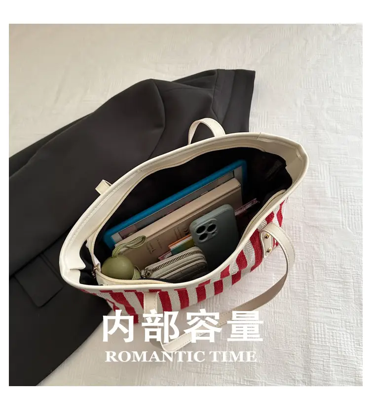 Women Striped Canvas Shoulder Bag 2025 Spring Large Capacity — feature 4