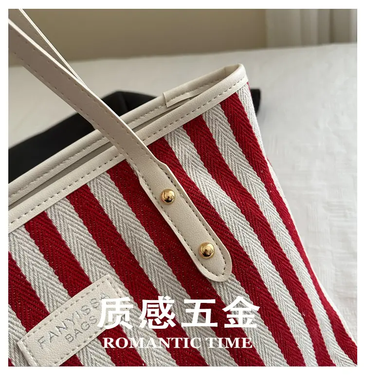 Women Striped Canvas Shoulder Bag 2025 Spring Large Capacity — feature 6