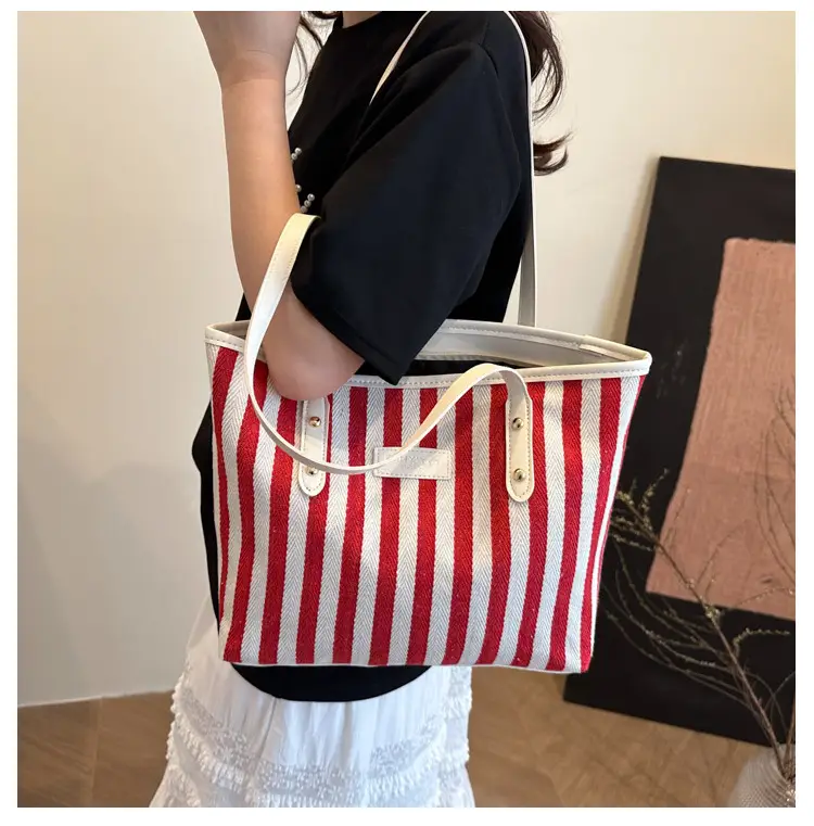Women Striped Canvas Shoulder Bag 2025 Spring Large Capacity — feature 9