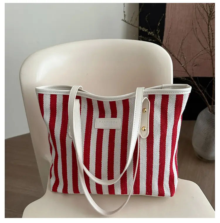 Women Striped Canvas Shoulder Bag 2025 Spring Large Capacity - Image 2