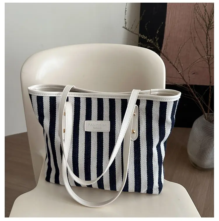 Women Striped Canvas Shoulder Bag 2025 Spring Large Capacity - Image 3