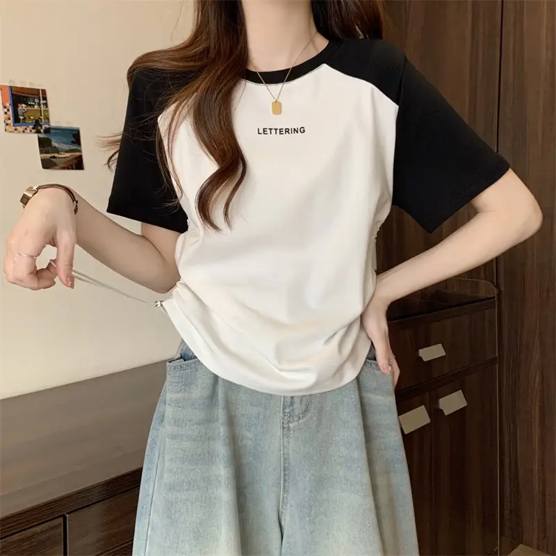Short-Sleeved T-Shirt for Women, Summer Printed Letter Bottoming Shirt, Large Size Slimming Look Casual Right Shoulder Contrast Drawstring Top for Outer Wear
