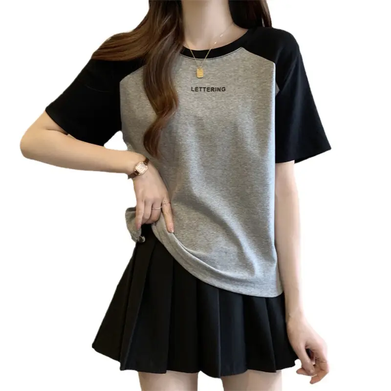 Short-Sleeved T-Shirt for Women, Summer Printed Letter Bottoming Shirt, Large Size Slimming Look Casual Right Shoulder Contrast Drawstring Top for Outer Wear