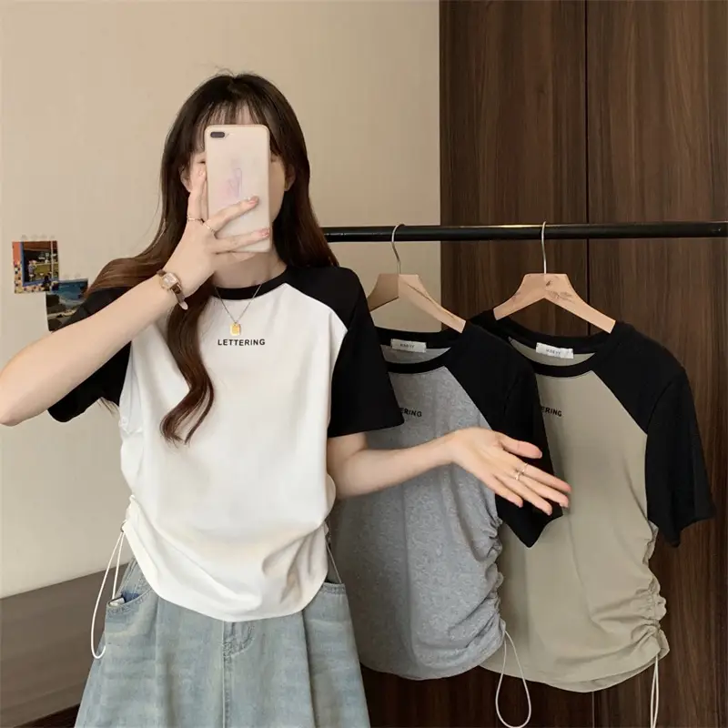 Short-Sleeved T-Shirt for Women, Summer Printed Letter Bottoming Shirt, Large Size Slimming Look Casual Right Shoulder Contrast Drawstring Top for Outer Wear — feature 1
