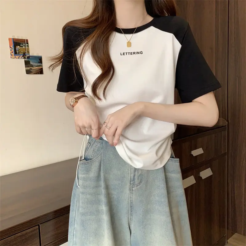 Short-Sleeved T-Shirt for Women, Summer Printed Letter Bottoming Shirt, Large Size Slimming Look Casual Right Shoulder Contrast Drawstring Top for Outer Wear — feature 10