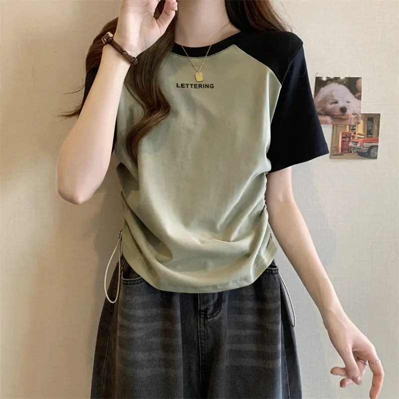 Short-Sleeved T-Shirt for Women, Summer Printed Letter Bottoming Shirt, Large Size Slimming Look Casual Right Shoulder Contrast Drawstring Top for Outer Wear — feature 12