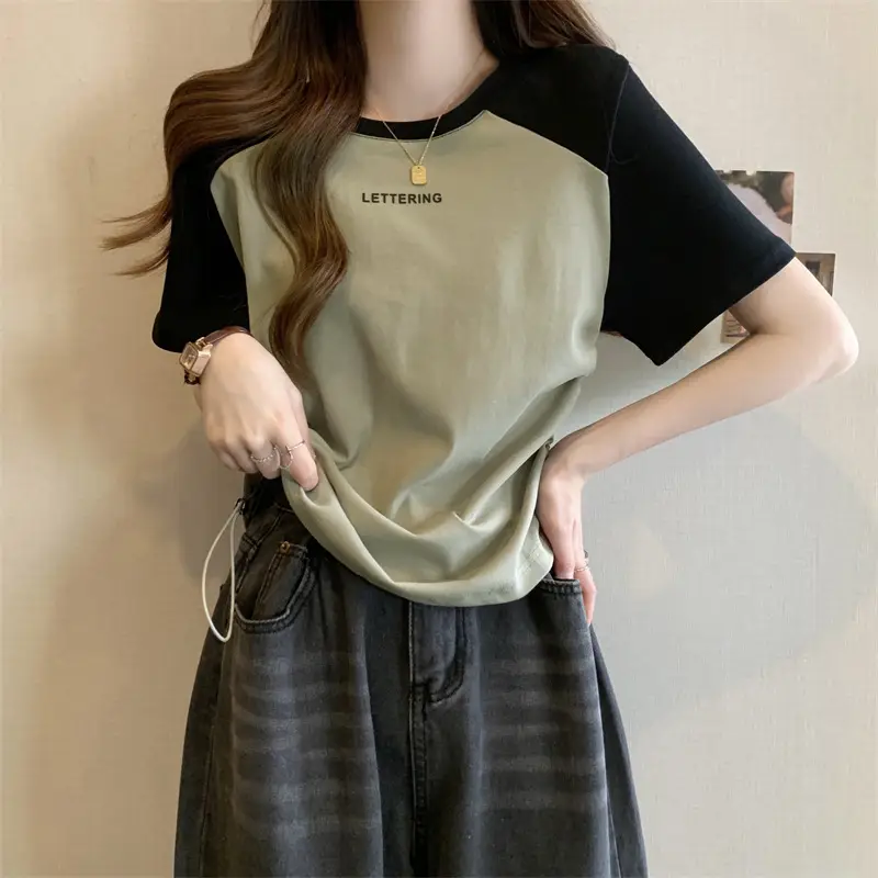 Short-Sleeved T-Shirt for Women, Summer Printed Letter Bottoming Shirt, Large Size Slimming Look Casual Right Shoulder Contrast Drawstring Top for Outer Wear — feature 13