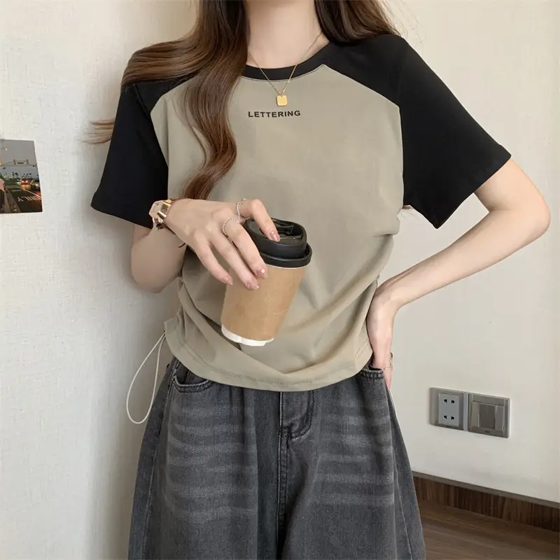 Short-Sleeved T-Shirt for Women, Summer Printed Letter Bottoming Shirt, Large Size Slimming Look Casual Right Shoulder Contrast Drawstring Top for Outer Wear — feature 15