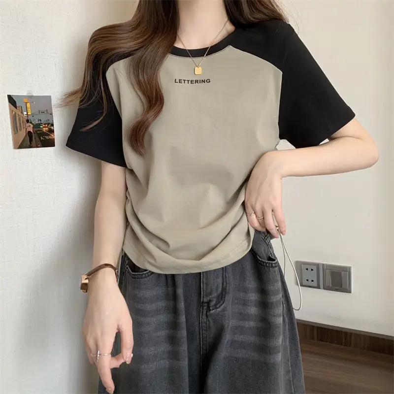 Short-Sleeved T-Shirt for Women, Summer Printed Letter Bottoming Shirt, Large Size Slimming Look Casual Right Shoulder Contrast Drawstring Top for Outer Wear — feature 17
