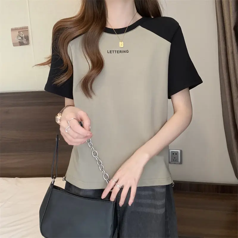 Short-Sleeved T-Shirt for Women, Summer Printed Letter Bottoming Shirt, Large Size Slimming Look Casual Right Shoulder Contrast Drawstring Top for Outer Wear — feature 18
