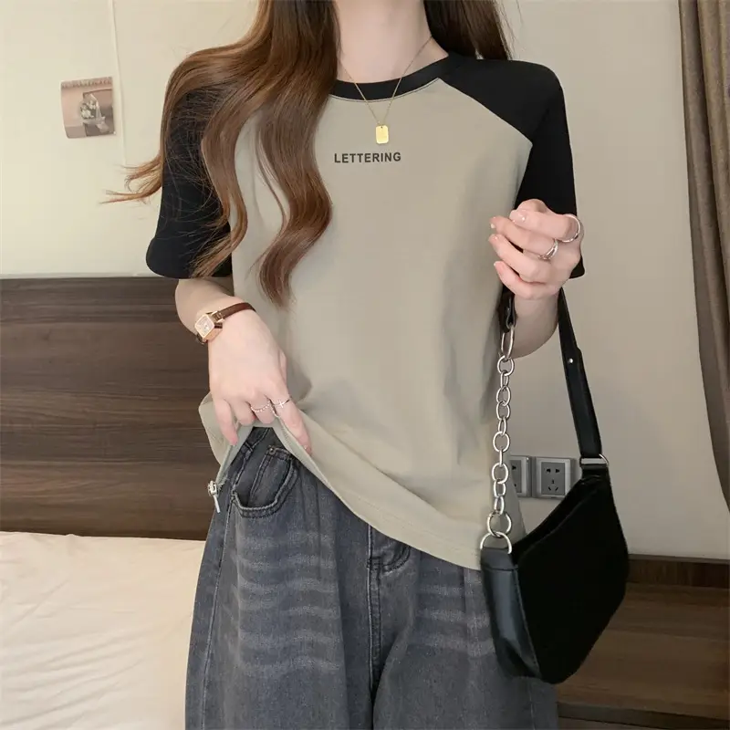 Short-Sleeved T-Shirt for Women, Summer Printed Letter Bottoming Shirt, Large Size Slimming Look Casual Right Shoulder Contrast Drawstring Top for Outer Wear — feature 19