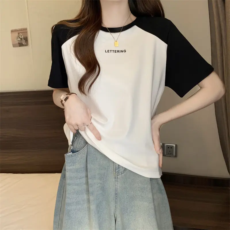 Short-Sleeved T-Shirt for Women, Summer Printed Letter Bottoming Shirt, Large Size Slimming Look Casual Right Shoulder Contrast Drawstring Top for Outer Wear — feature 2