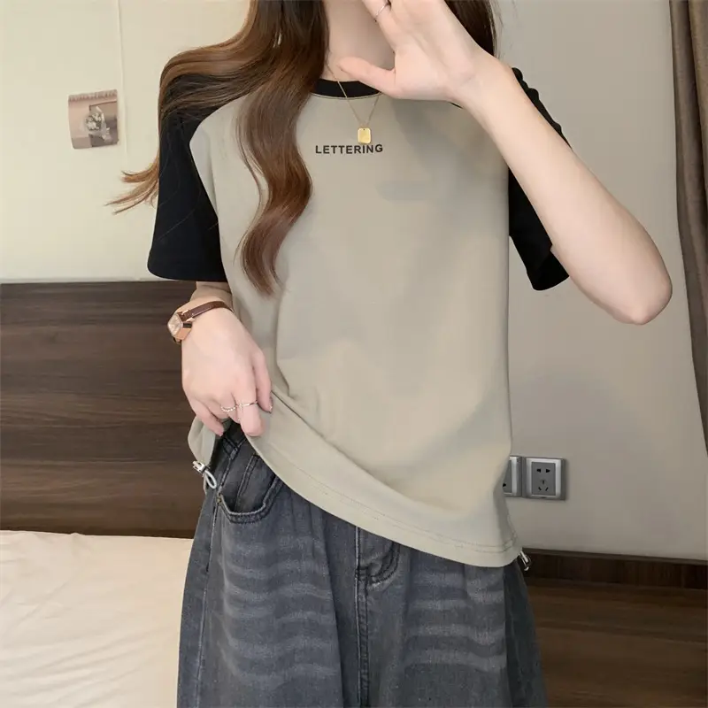 Short-Sleeved T-Shirt for Women, Summer Printed Letter Bottoming Shirt, Large Size Slimming Look Casual Right Shoulder Contrast Drawstring Top for Outer Wear — feature 20