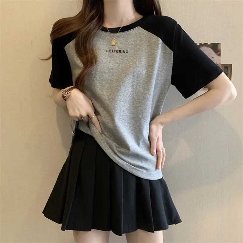 Short-Sleeved T-Shirt for Women, Summer Printed Letter Bottoming Shirt, Large Size Slimming Look Casual Right Shoulder Contrast Drawstring Top for Outer Wear — feature 21