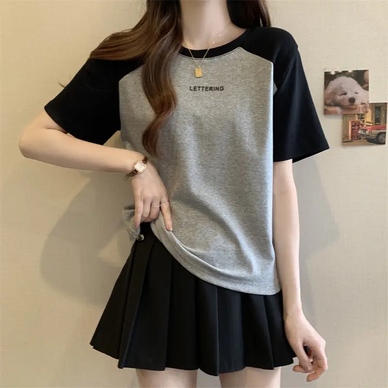 Short-Sleeved T-Shirt for Women, Summer Printed Letter Bottoming Shirt, Large Size Slimming Look Casual Right Shoulder Contrast Drawstring Top for Outer Wear — feature 22