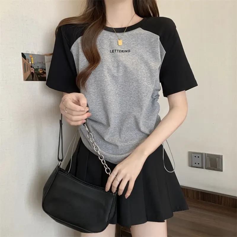 Short-Sleeved T-Shirt for Women, Summer Printed Letter Bottoming Shirt, Large Size Slimming Look Casual Right Shoulder Contrast Drawstring Top for Outer Wear — feature 23