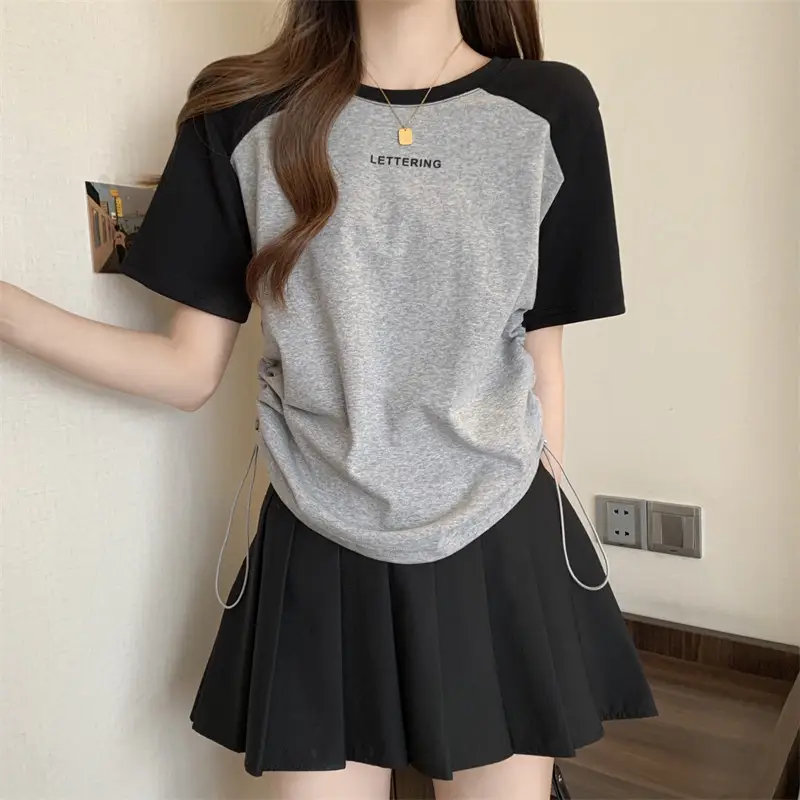 Short-Sleeved T-Shirt for Women, Summer Printed Letter Bottoming Shirt, Large Size Slimming Look Casual Right Shoulder Contrast Drawstring Top for Outer Wear — feature 24