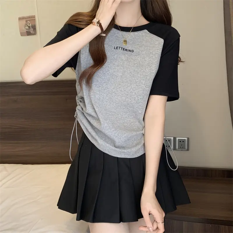 Short-Sleeved T-Shirt for Women, Summer Printed Letter Bottoming Shirt, Large Size Slimming Look Casual Right Shoulder Contrast Drawstring Top for Outer Wear — feature 26
