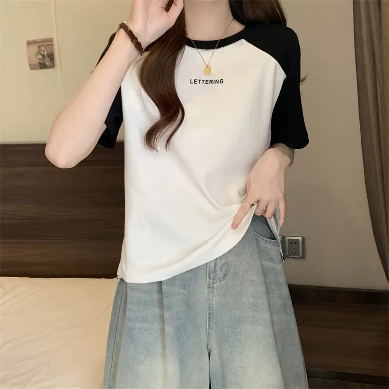 Short-Sleeved T-Shirt for Women, Summer Printed Letter Bottoming Shirt, Large Size Slimming Look Casual Right Shoulder Contrast Drawstring Top for Outer Wear — feature 3