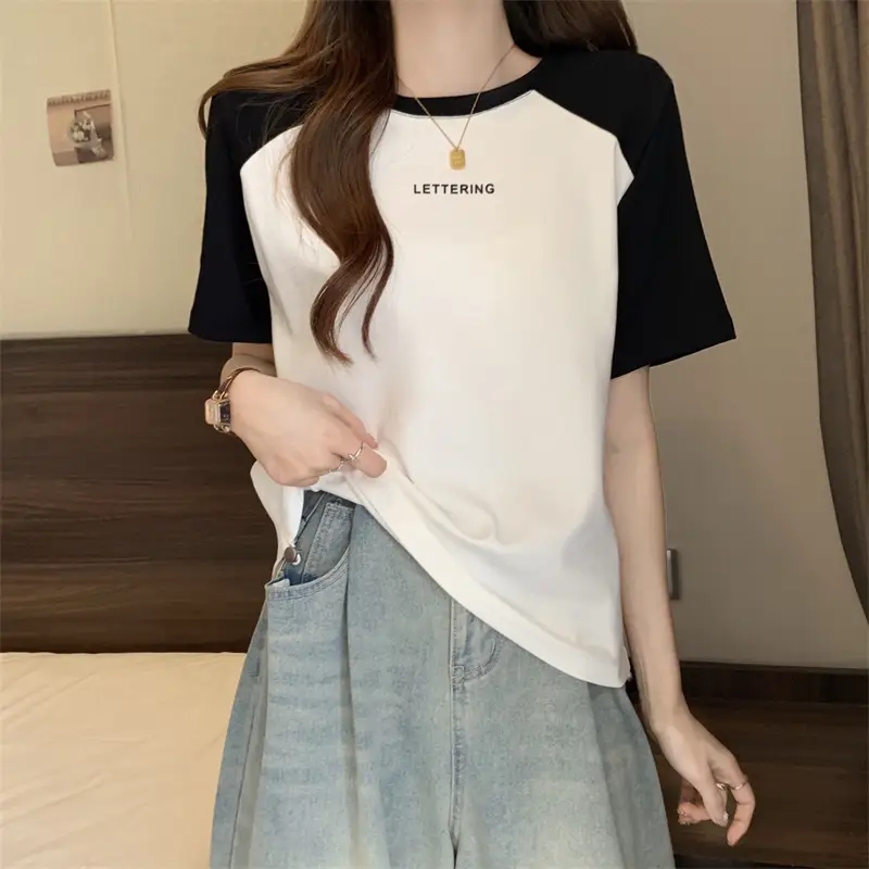 Short-Sleeved T-Shirt for Women, Summer Printed Letter Bottoming Shirt, Large Size Slimming Look Casual Right Shoulder Contrast Drawstring Top for Outer Wear — feature 4