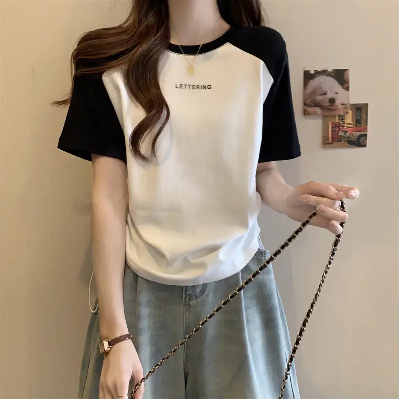 Short-Sleeved T-Shirt for Women, Summer Printed Letter Bottoming Shirt, Large Size Slimming Look Casual Right Shoulder Contrast Drawstring Top for Outer Wear — feature 5