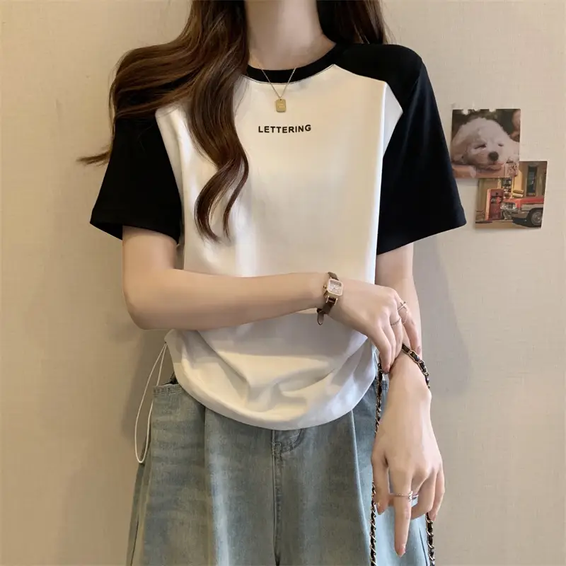 Short-Sleeved T-Shirt for Women, Summer Printed Letter Bottoming Shirt, Large Size Slimming Look Casual Right Shoulder Contrast Drawstring Top for Outer Wear — feature 7