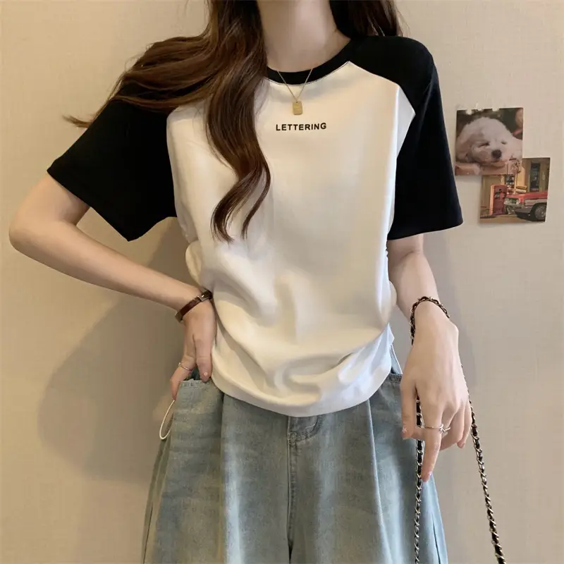 Short-Sleeved T-Shirt for Women, Summer Printed Letter Bottoming Shirt, Large Size Slimming Look Casual Right Shoulder Contrast Drawstring Top for Outer Wear — feature 8