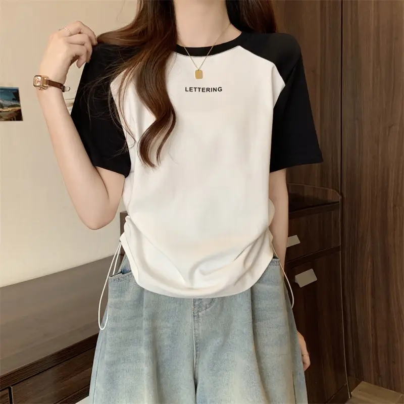 Short-Sleeved T-Shirt for Women, Summer Printed Letter Bottoming Shirt, Large Size Slimming Look Casual Right Shoulder Contrast Drawstring Top for Outer Wear — feature 9