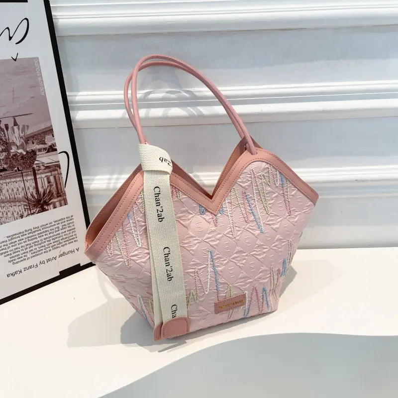 Pink Embroidered Armpit Tote Bag for Students - Image 5