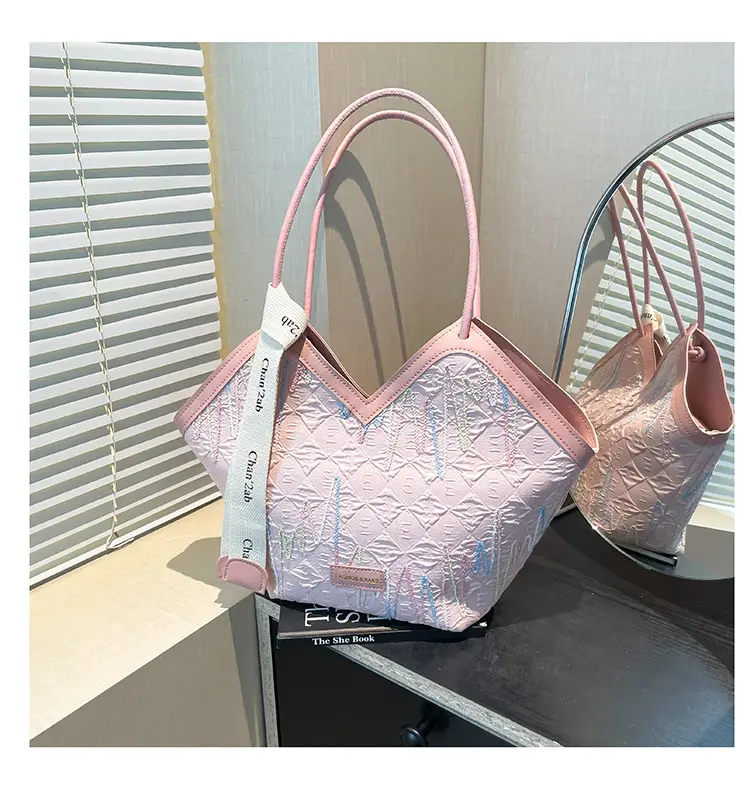 Pink Embroidered Armpit Tote Bag for Students - Image 3