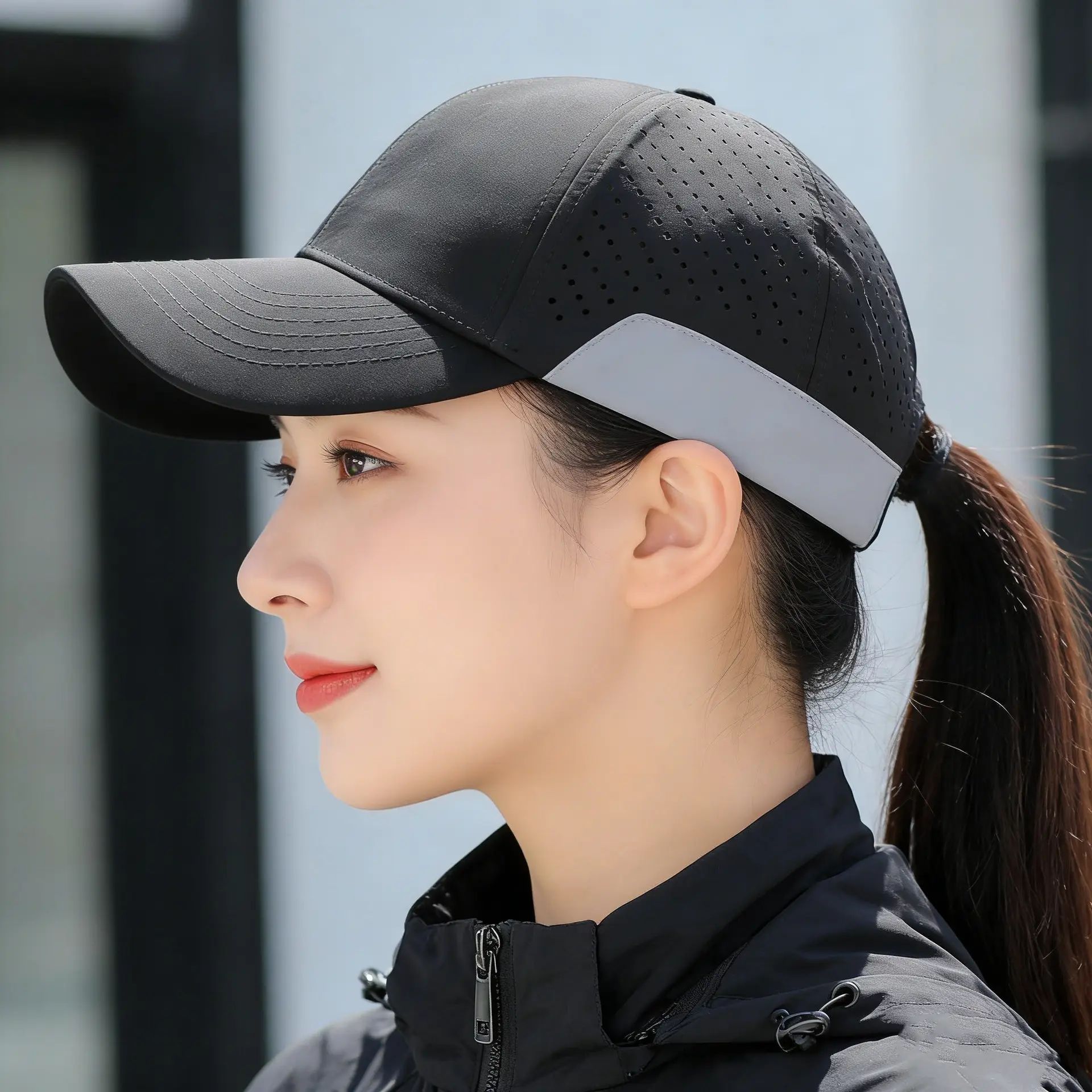 Men Black Perforated Baseball Cap with Buckle Closure - Image 7