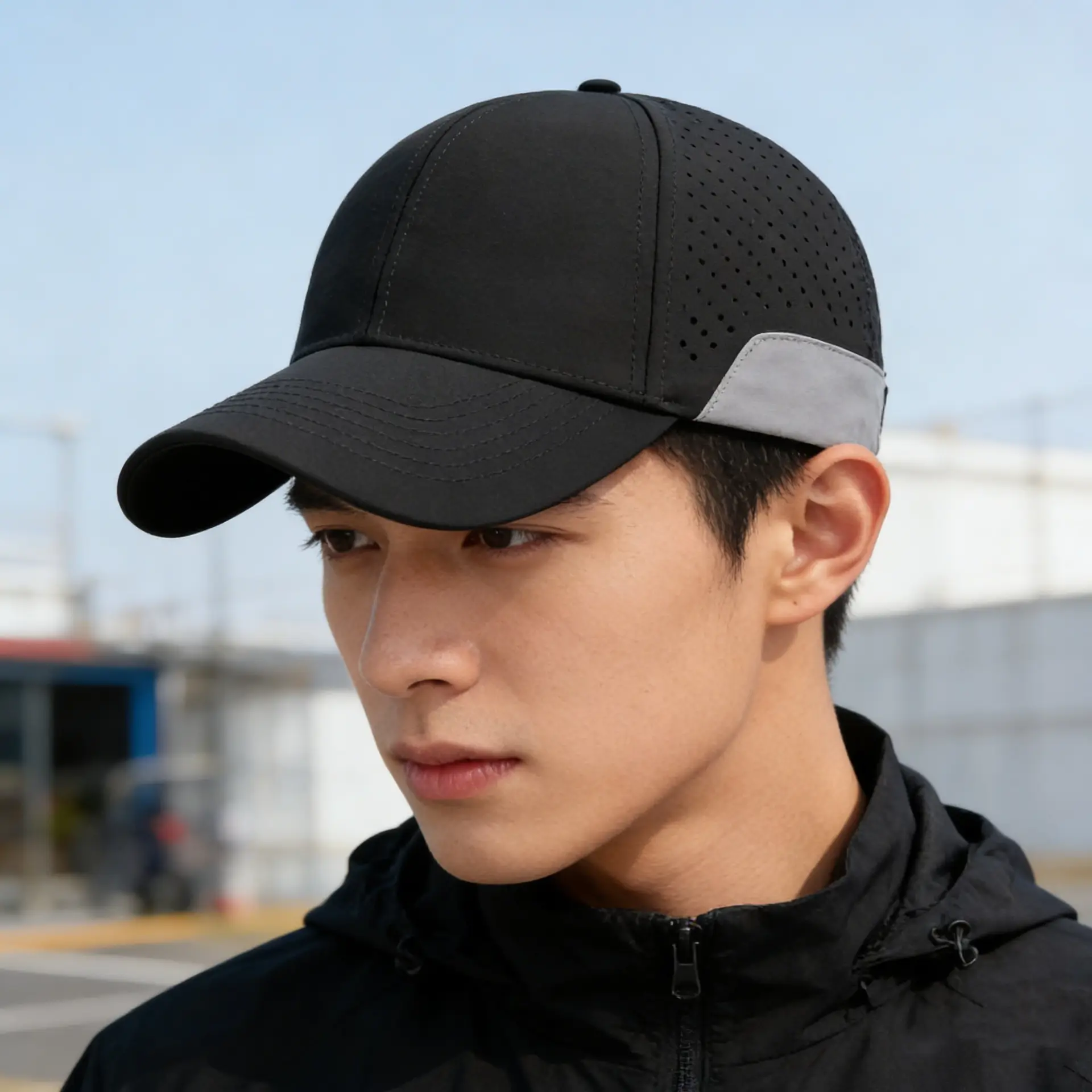 Men Black Perforated Baseball Cap with Buckle Closure - Image 8