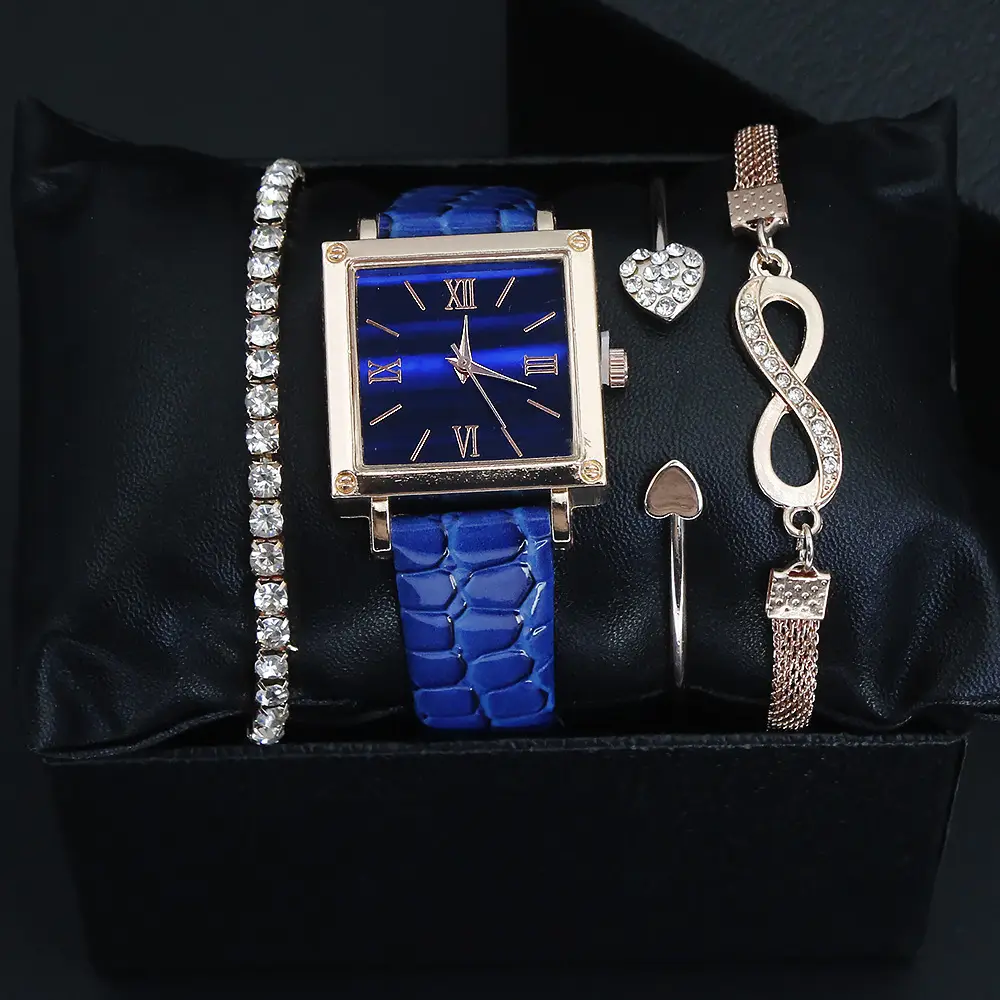 Retro Watch Set for Women Blue Bracelet Quartz Watch