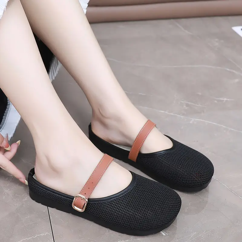 2025 New Summer Style Fly-Knit Mesh Bread-Toe Half Slippers, Breathable and Versatile Women's Outer Wear Slip-On Fishnet Sandals - Image 3