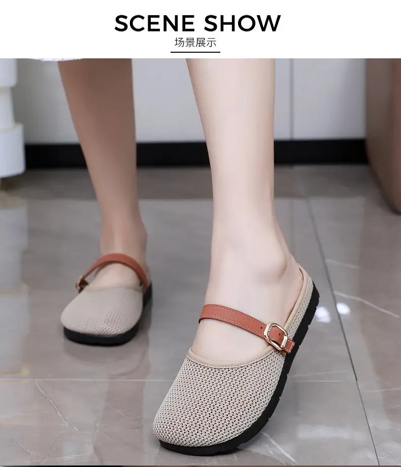 2025 New Summer Style Fly-Knit Mesh Bread-Toe Half Slippers, Breathable and Versatile Women's Outer Wear Slip-On Fishnet Sandals — feature 13