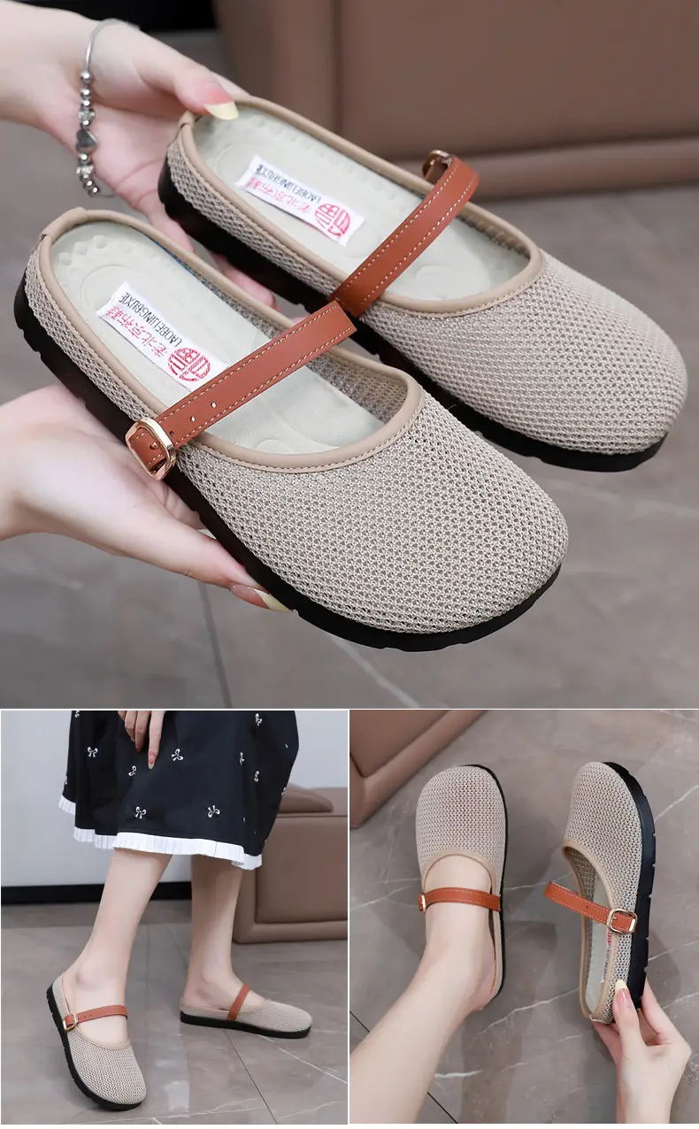 2025 New Summer Style Fly-Knit Mesh Bread-Toe Half Slippers, Breathable and Versatile Women's Outer Wear Slip-On Fishnet Sandals — feature 14
