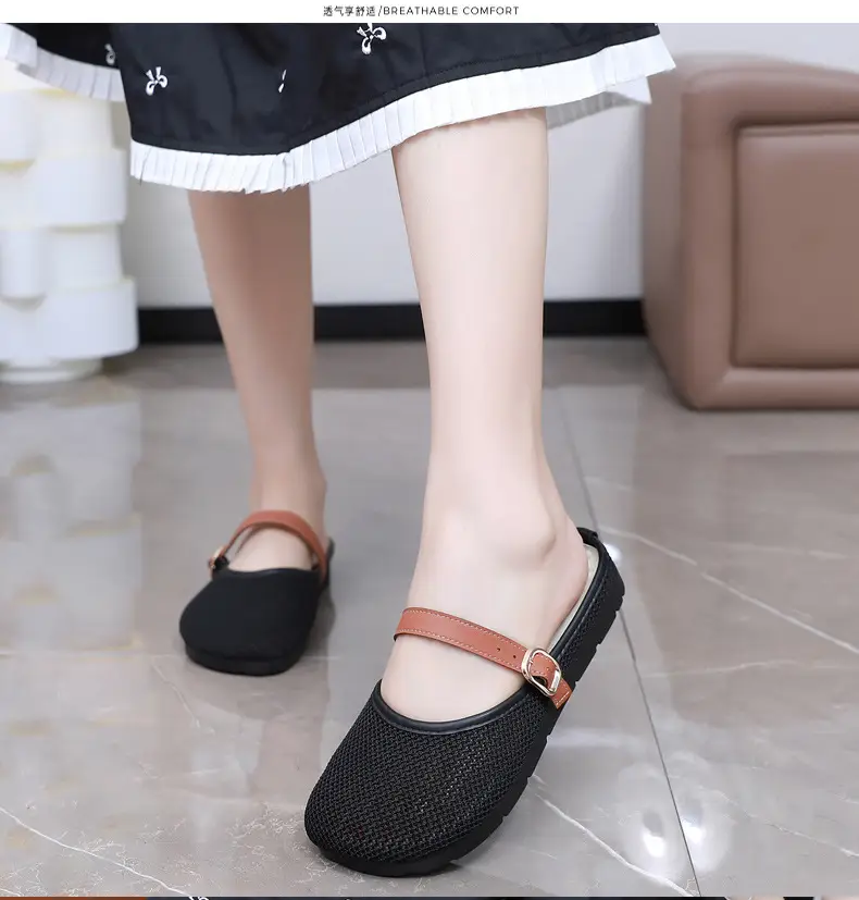 2025 New Summer Style Fly-Knit Mesh Bread-Toe Half Slippers, Breathable and Versatile Women's Outer Wear Slip-On Fishnet Sandals — feature 19