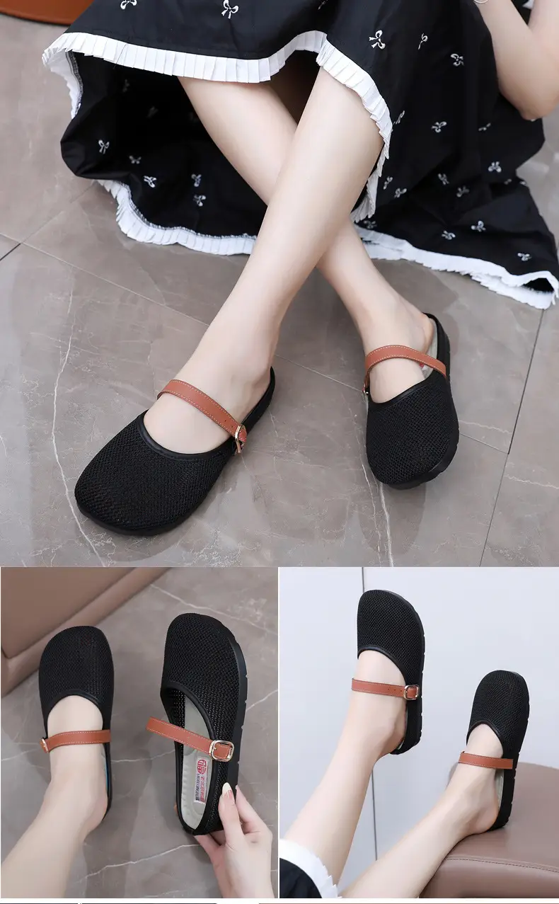 2025 New Summer Style Fly-Knit Mesh Bread-Toe Half Slippers, Breathable and Versatile Women's Outer Wear Slip-On Fishnet Sandals — feature 20