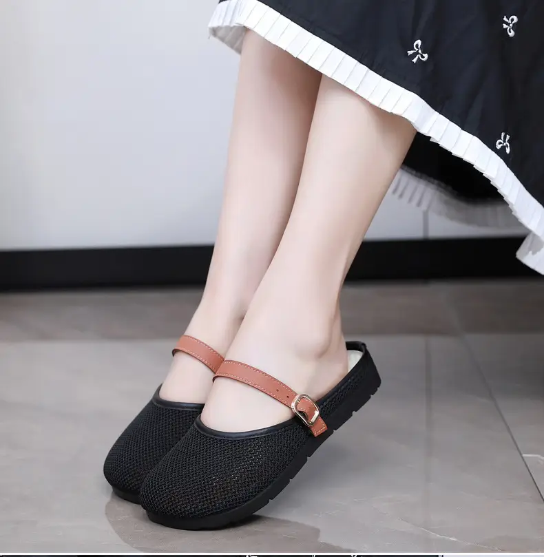 2025 New Summer Style Fly-Knit Mesh Bread-Toe Half Slippers, Breathable and Versatile Women's Outer Wear Slip-On Fishnet Sandals — feature 22
