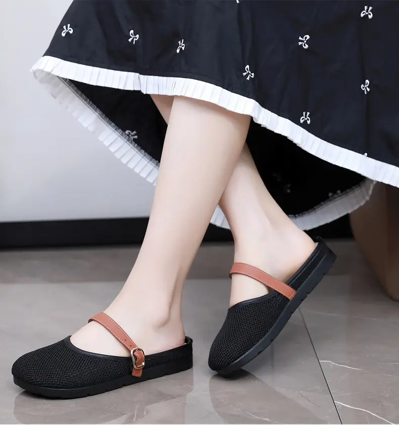 2025 New Summer Style Fly-Knit Mesh Bread-Toe Half Slippers, Breathable and Versatile Women's Outer Wear Slip-On Fishnet Sandals — feature 24